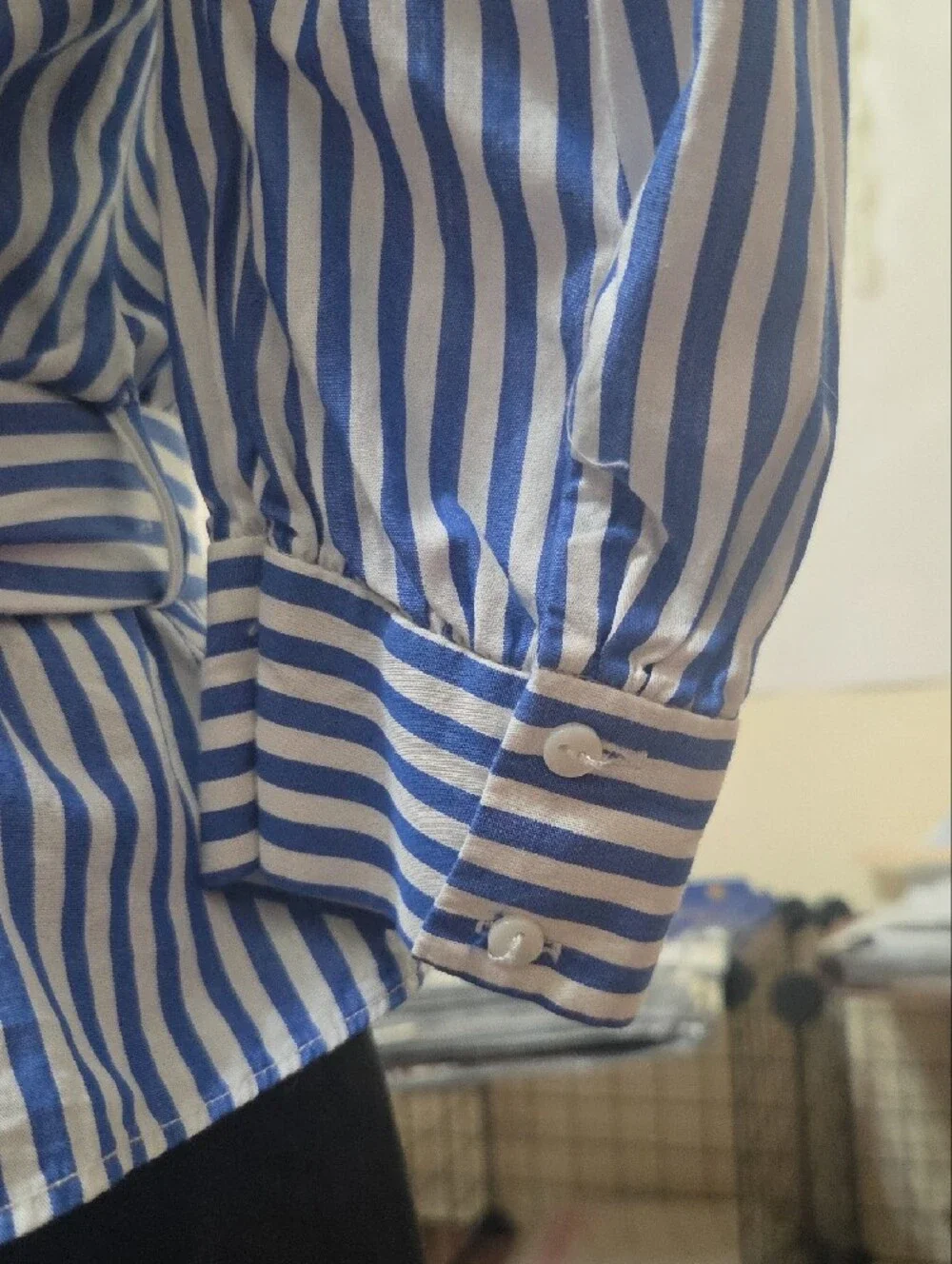 ZARA Blue and White Vertical-Striped Faux Wrap Blouse with Puff Sleeves - Medium